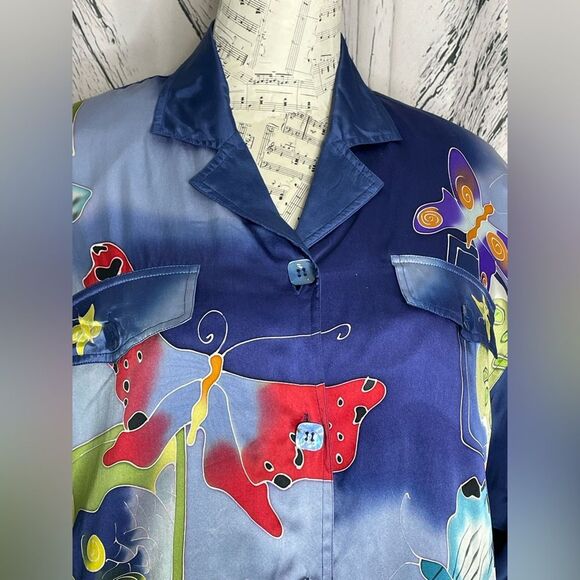 Vintage 80s Mureli Jacket 100% Silk Butterflies Moths Blue S - Picture 3 of 14